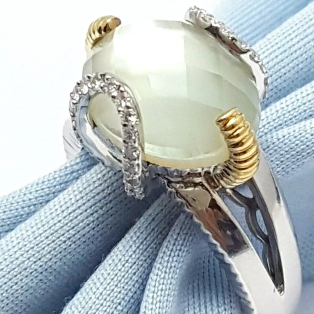 RB Signed Sterling Silver 925 18K Yellow Gold Two Tone Ring w/Diamonds & Crystal